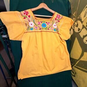 Authentic Mexican Tops Blouse  Sz L Embroidered Handmade YELLOW Mexico Clothing
